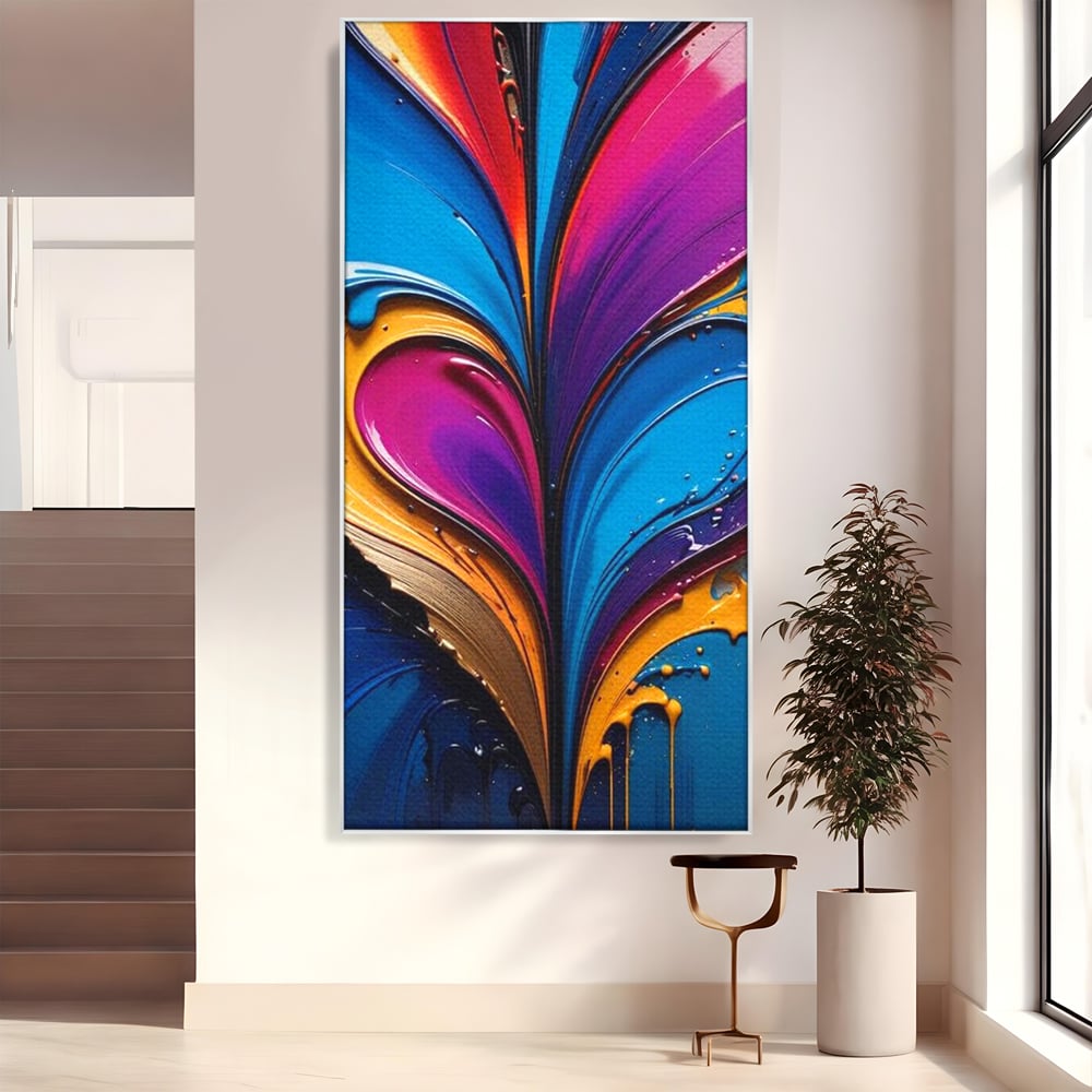 Tablou canvas cu pictura abstracta cu valuri colorate, in rama de aluminiu argintiu